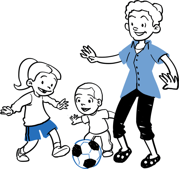Happy woman playing soccer with her grandsons